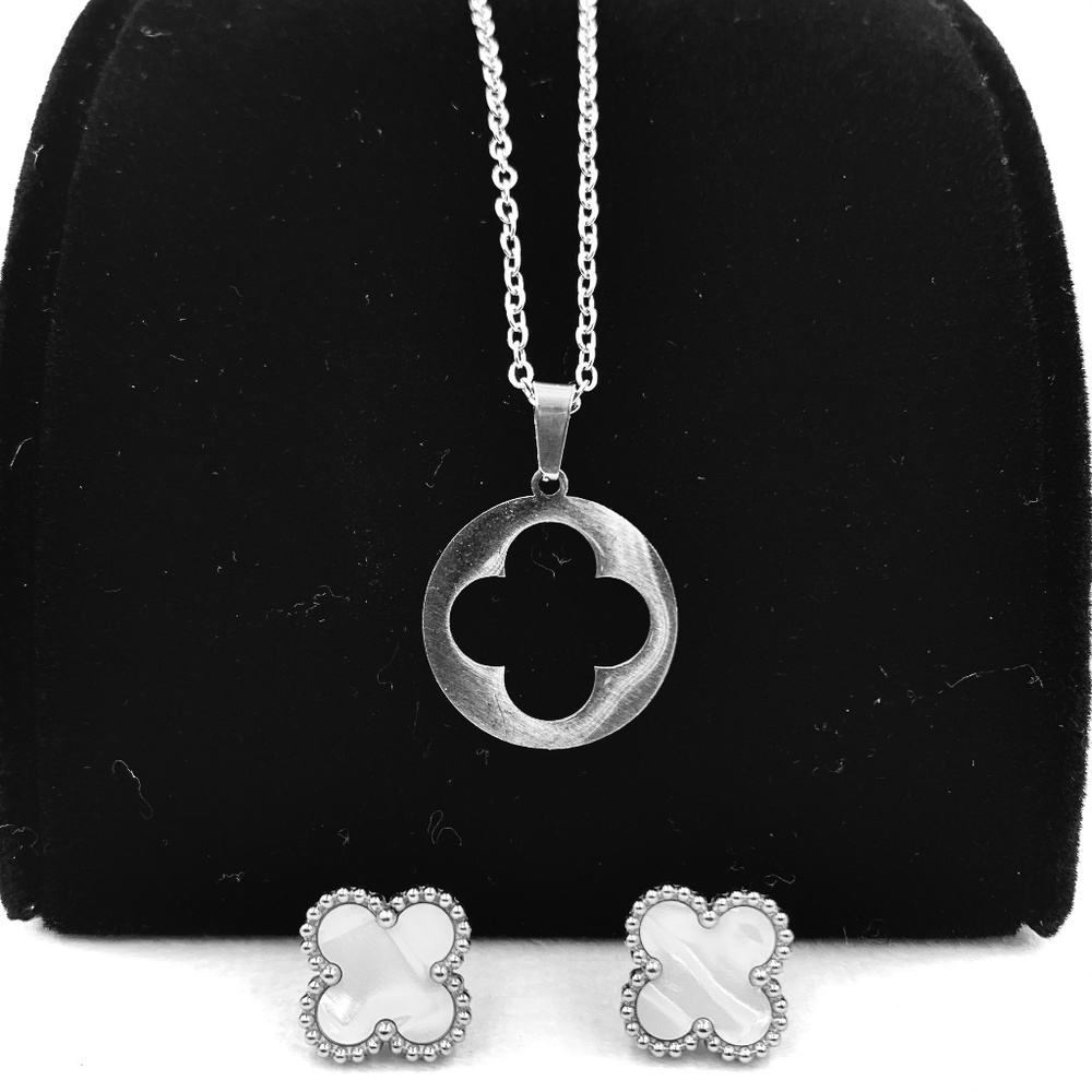 Silver-tone quatrefoil lucky 4 leaf Clover necklace & pearlescent earring set